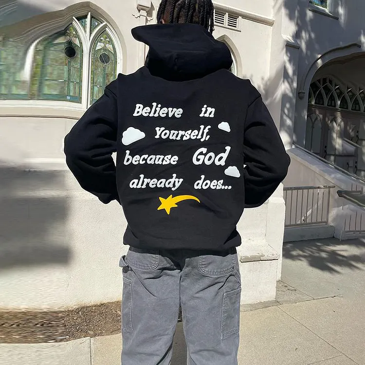 Gods Plan My Work &ldquo;Believe In Yourself&rdquo; Puff Print Long Sleeves Hoodie