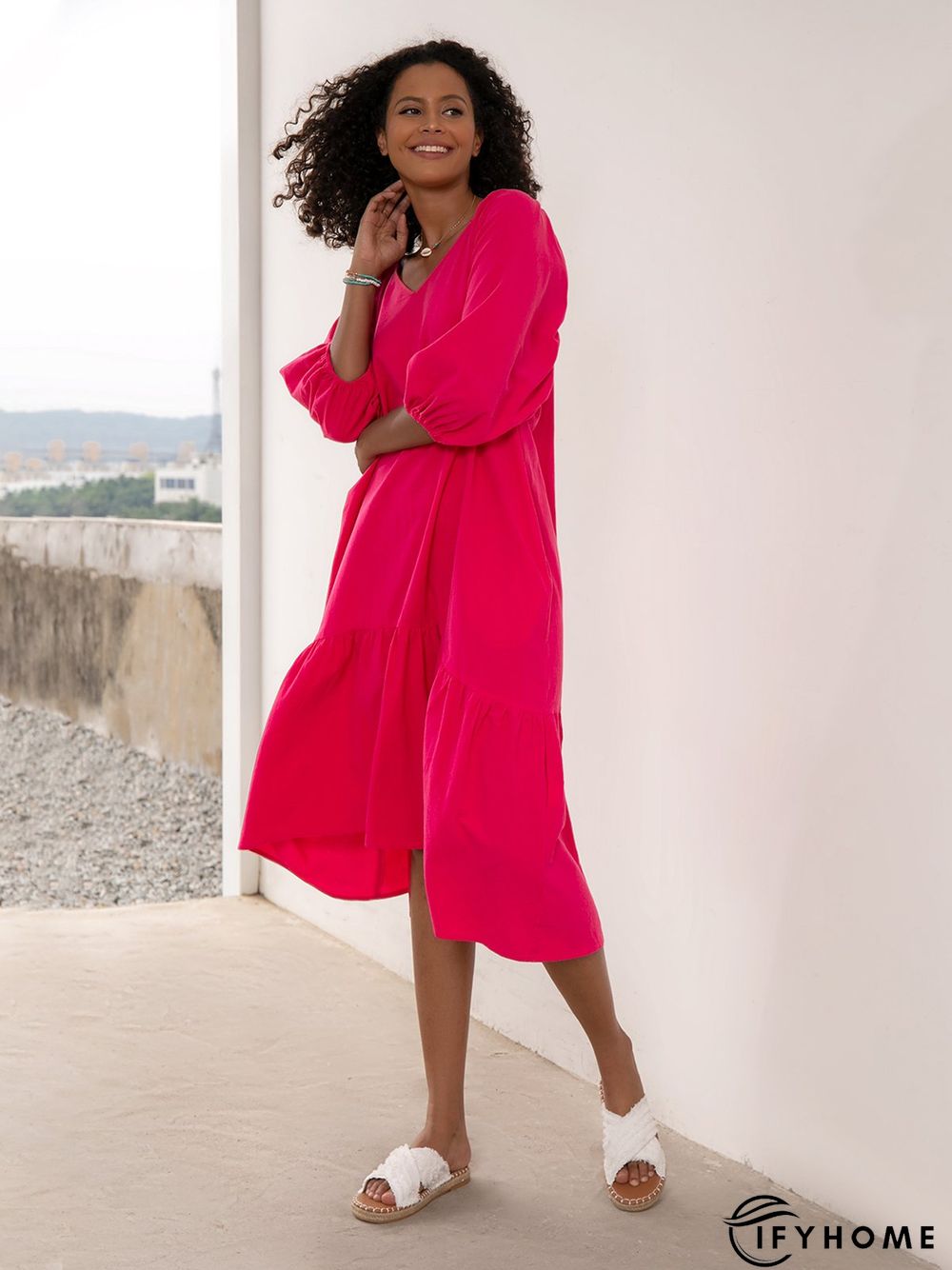 Plain Holiday Balloon Sleeve Cotton-Blend Weaving Dress | IFYHOME