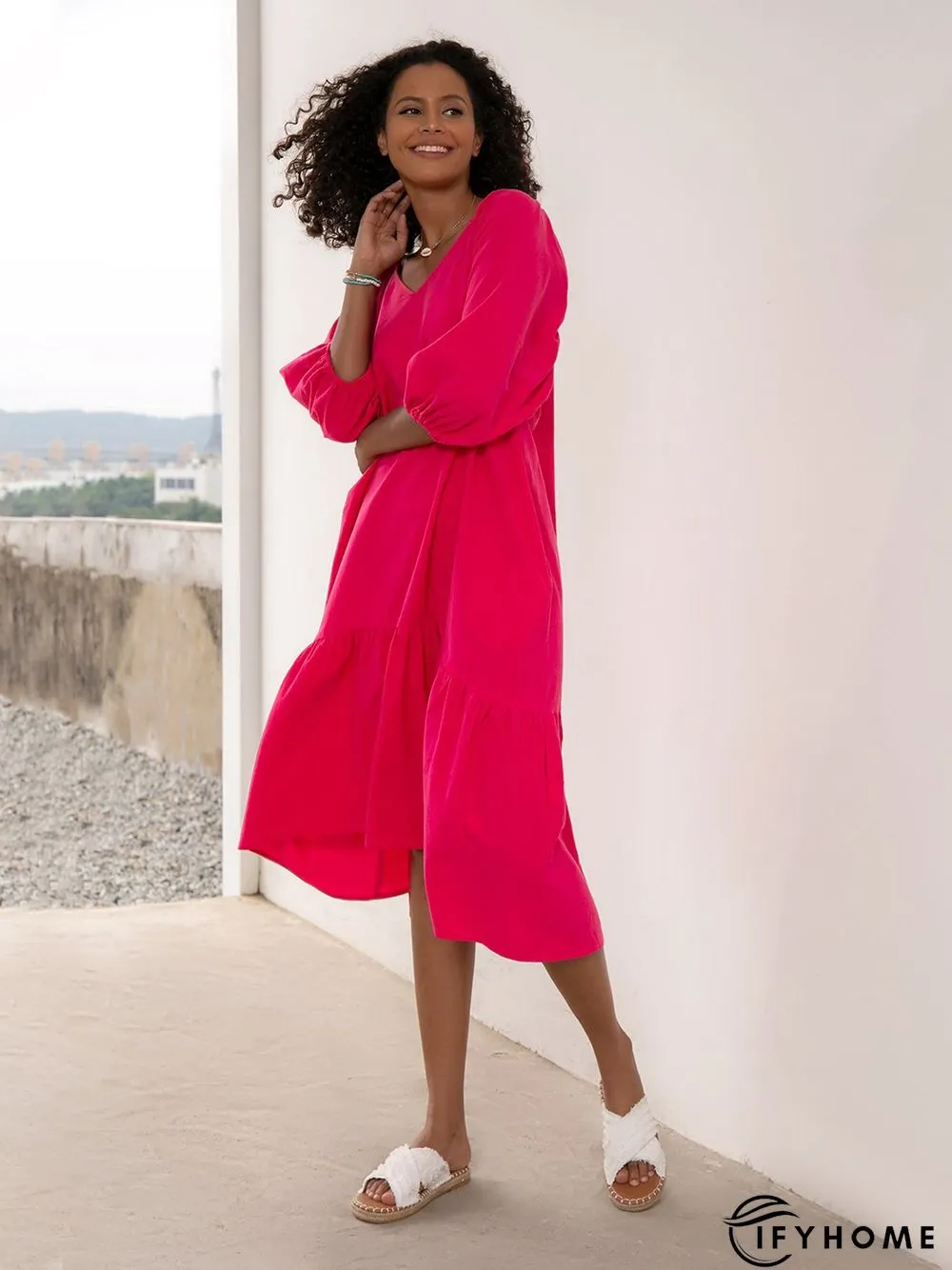 Plain Holiday Balloon Sleeve Cotton-Blend Weaving Dress | IFYHOME