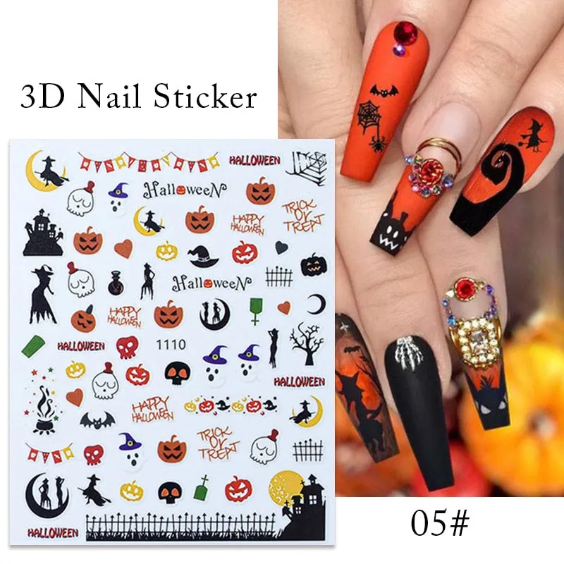 1pcs Halloween Pumpkin Skull Design 3D Nail Stickers Geometry Christmas Snowflake Winter Slider Nail Foils Manicures Decoration