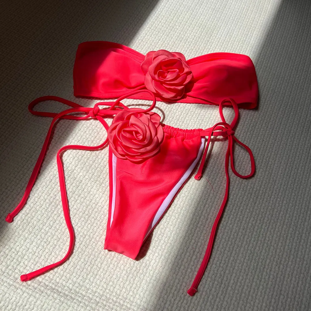 Uveng 2024 New Solid-Colored Rose Breast Drawstring Strap Split Swimsuit Bikini9150