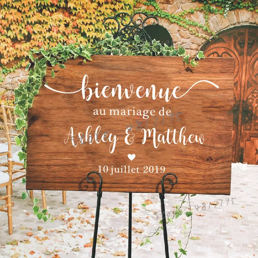 French Style Wedding Mirror Vinyl Decal Custom Names Wall Sticker Wedding Welcome Sign Vinyl Murals Romantic Mariage D&eacute;cor AZ843