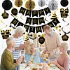 Birthday Decorations, Happy Birthday Banner with Honeycomb Ball, Gift Hanging Swirl Streamer, Circle Dot Garland - Happy Birthday Party Decorations for Men Women Boys Girls (Black & Gold, 30th)