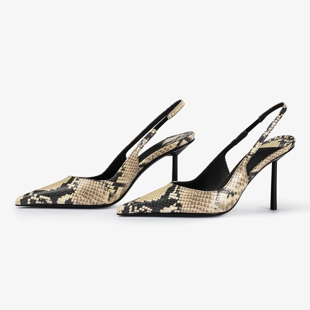 Black and Beige Python Print Pointed Toe Slingback Pumps Shoes Nicepairs
