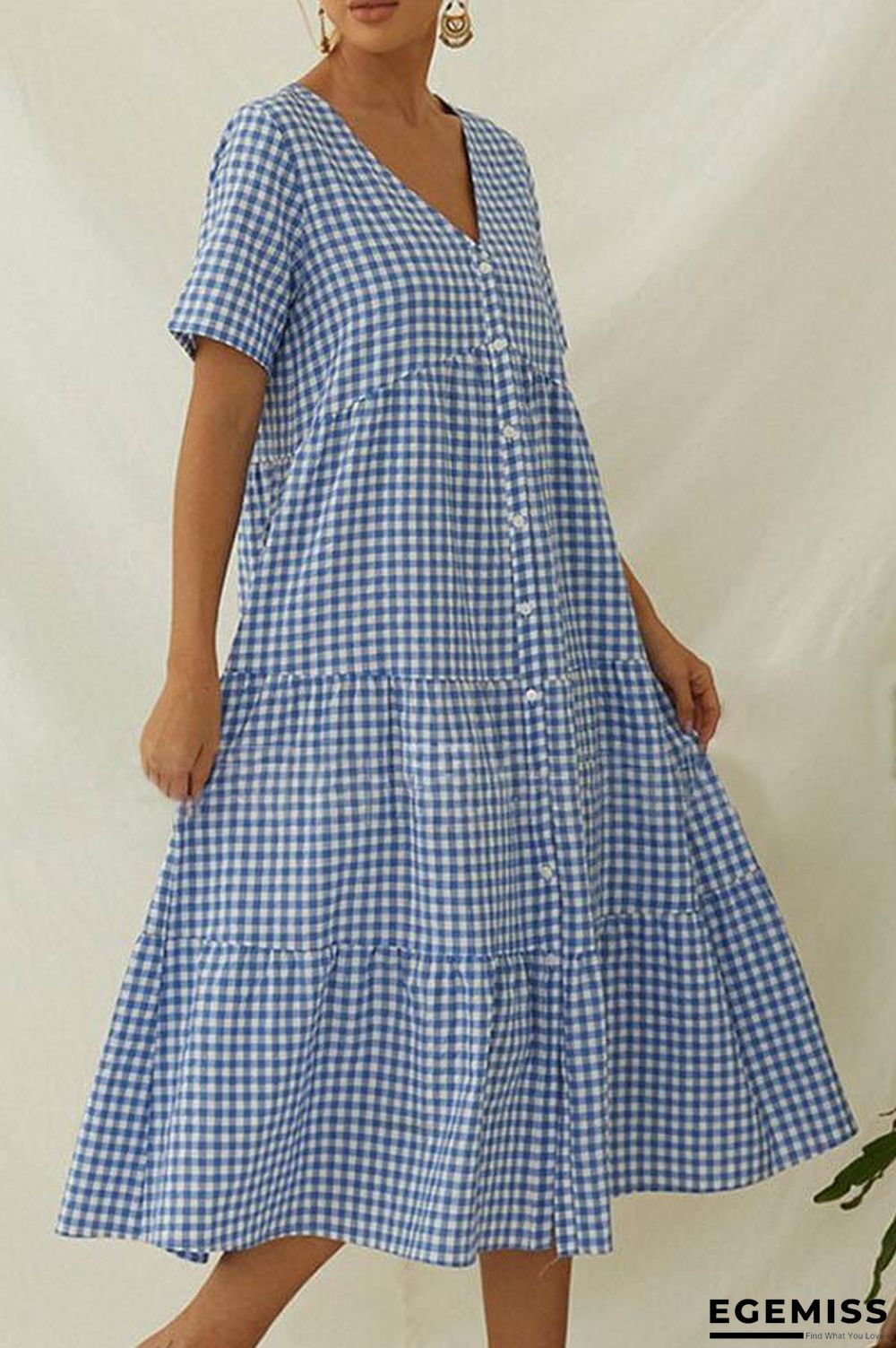 Paneled Plaid Print Buttons Down V-neck Casual Midi Dress | EGEMISS