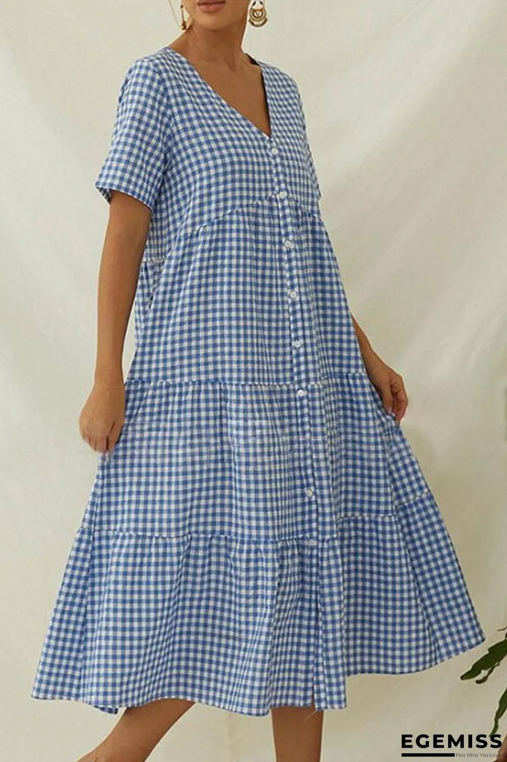 Paneled Plaid Print Buttons Down V-neck Casual Midi Dress | EGEMISS