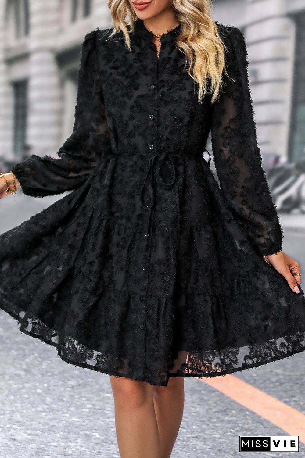 Elegant Solid Flounce Mandarin Collar A Line Dresses