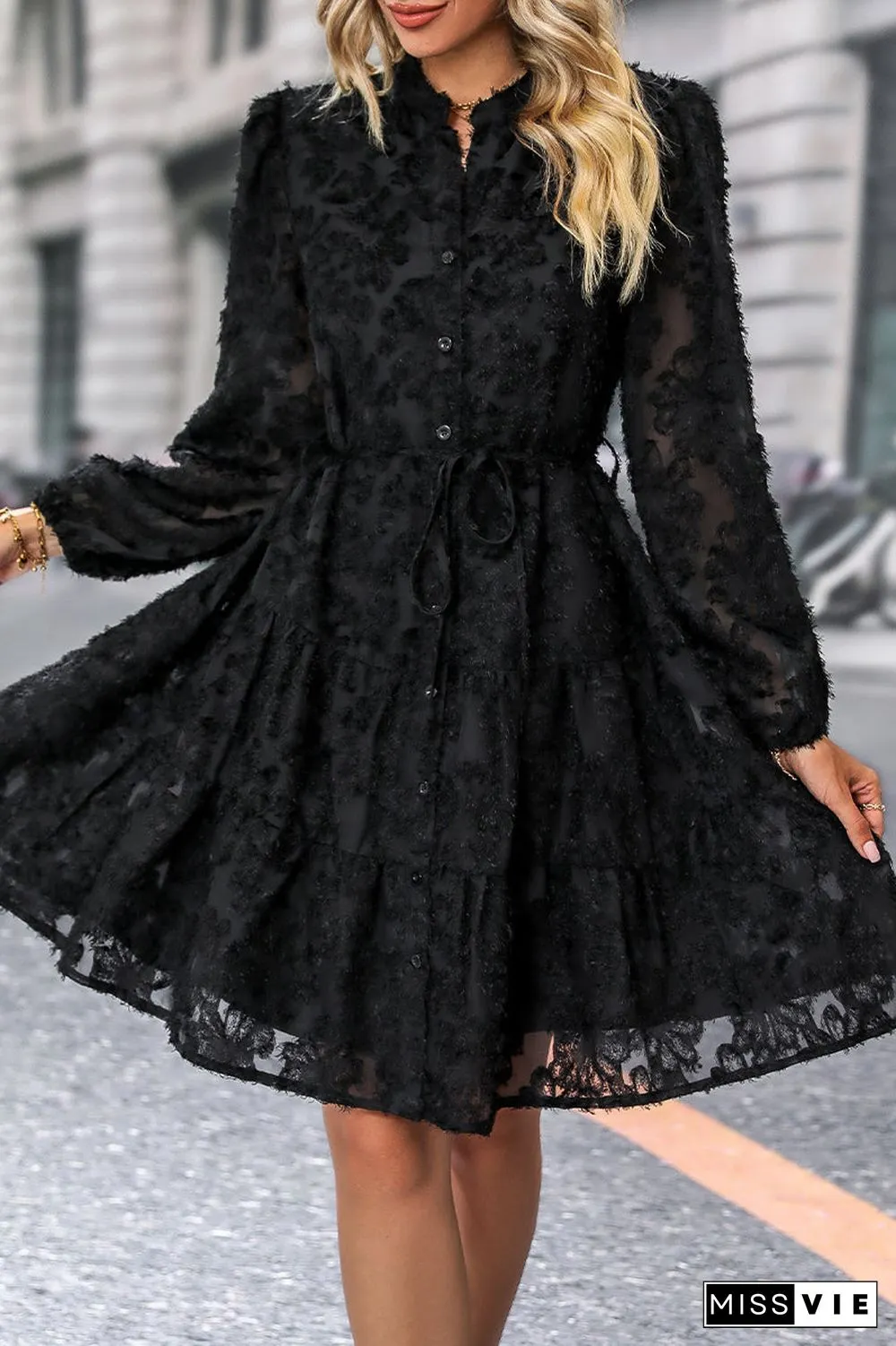 Elegant Solid Flounce Mandarin Collar A Line Dresses