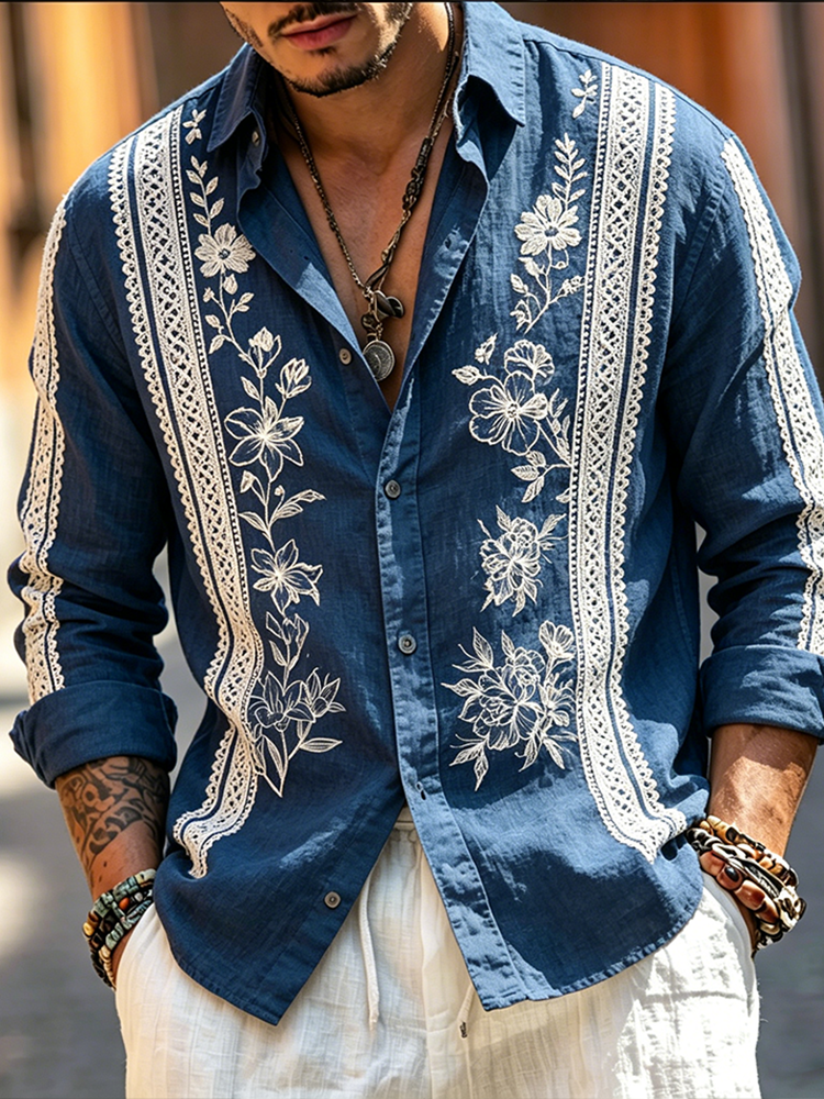 Comstylish Men's Retro Plant Flower Embroidery Pattern Design Casual Linen Shirt