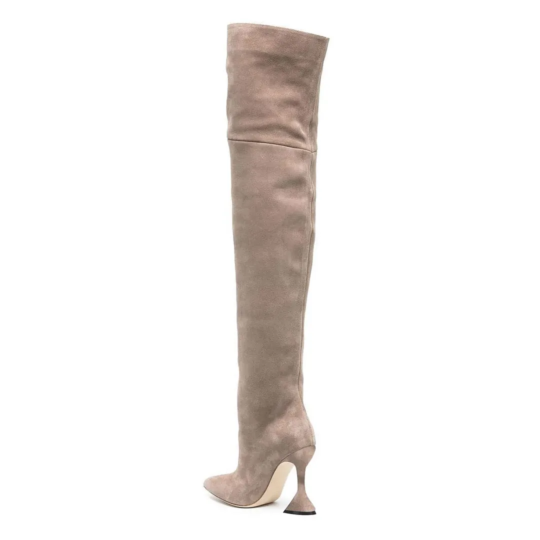 Women's Nude Vegan Suede Pointed Toe Over The Knee High Heel Boots