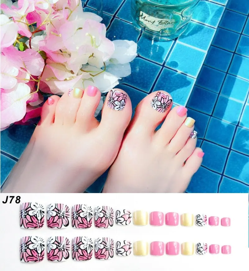 24Pcs Pretty Summer Beach Toes False Nails Rhinestone Pre-design Full Cover Red Foot Artificial Fake Nails with Glue Nail Beauty-Nail Inspo