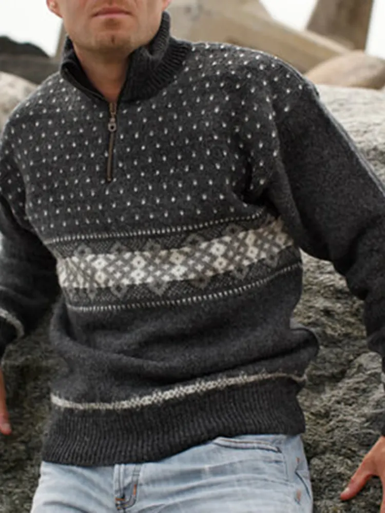 Vintage Warmth Classic Knit Jacquard Icelandic Half Zip Collar Sweater（Unisex ）