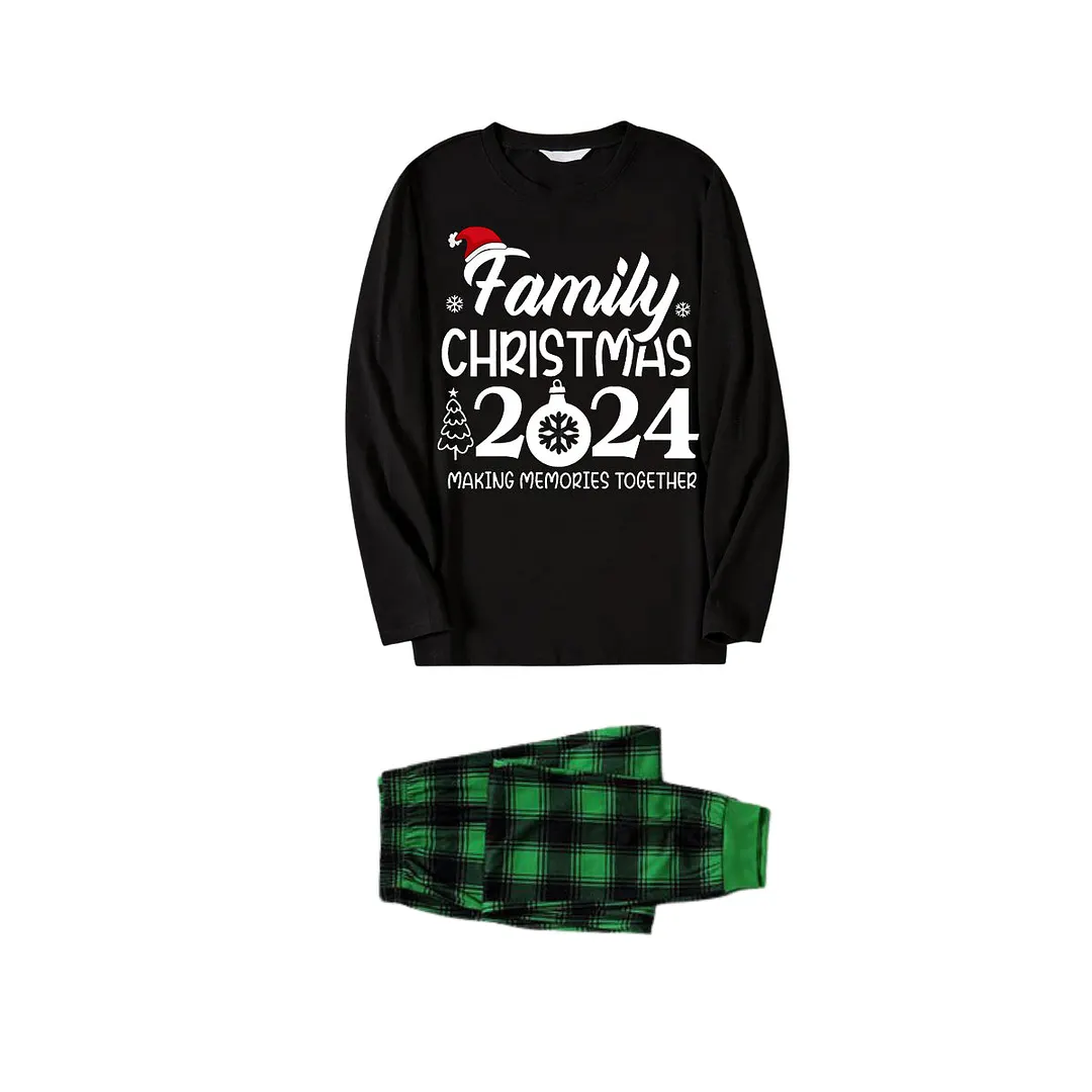 "Family Christmas 2024 Making Memories Together" Text and Santa Hat Printed Black and Green Plaid Family Christmas Matching Pajamas