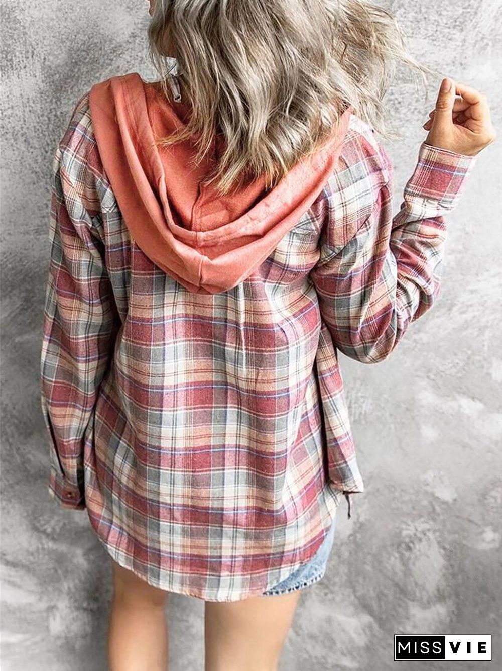 Oversizd Fit Button Up Hoodies Casual Multi Colored Hooded Flannel Shirt