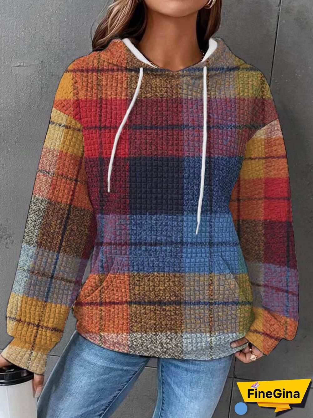Women's Colorful Plaid Print Waffle Hoodie