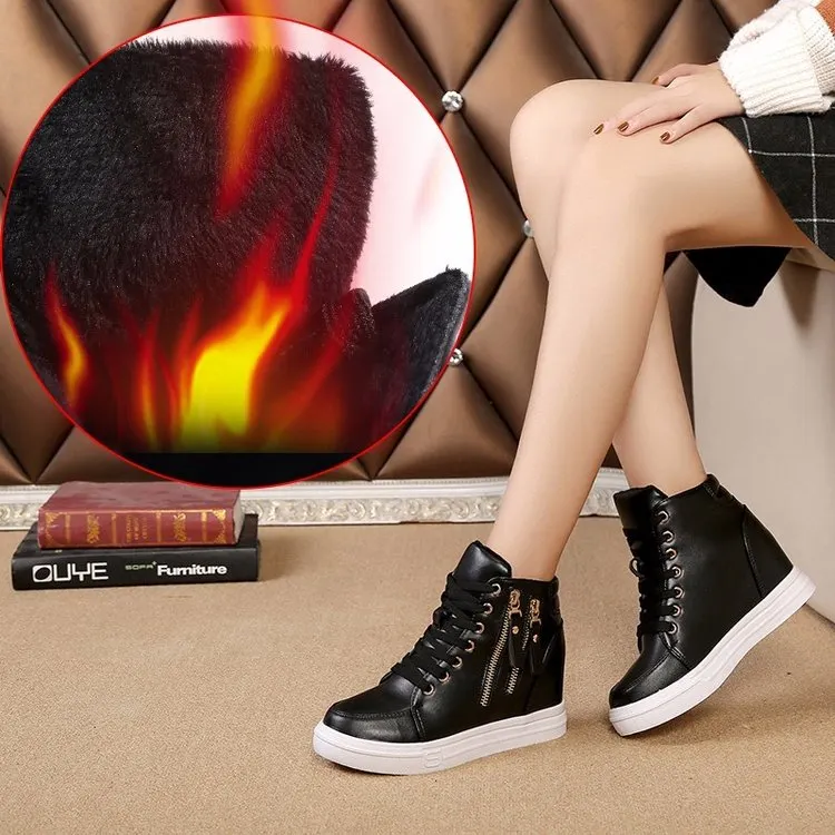 Women Wedge Platform Rubber Brogue Leather Lace Up High Heel 6 Cm Shoes Pointed Toe Increasing Creepers White Sneakers Zipper