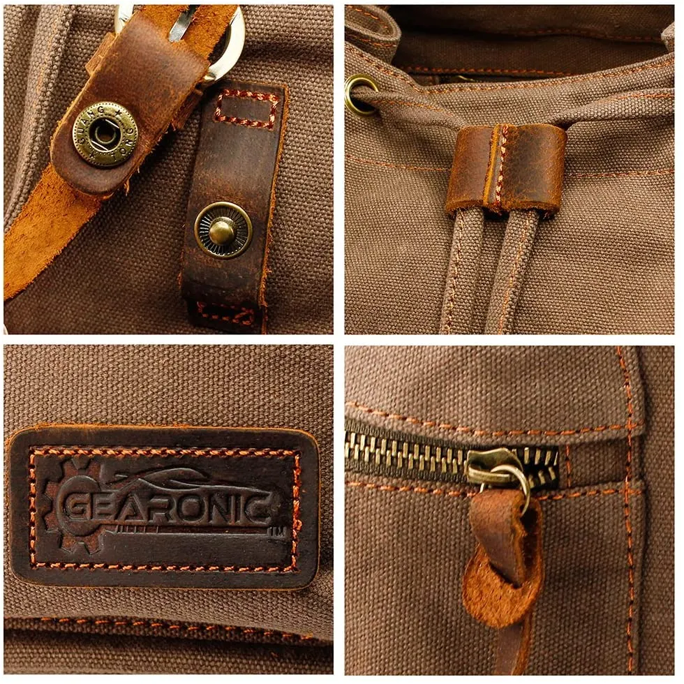 Vintage Canvas Backpack for Men Leather Rucksack Knapsack 15 inch Laptop Tote Satchel School Military Army Shoulder Rucksack Hiking Bag