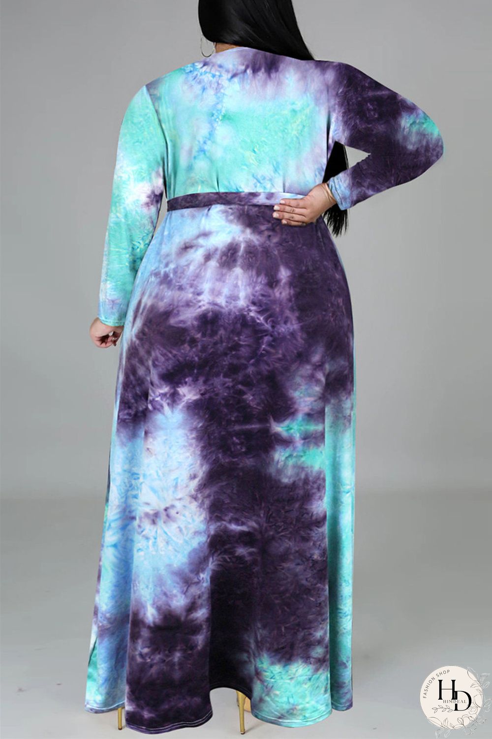 Colour Fashion Casual Print Tie-dye V Neck Long Sleeve Plus Size Dress