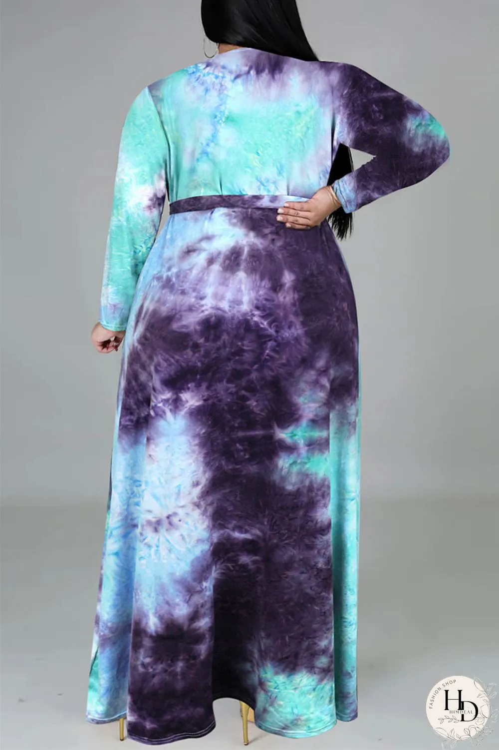 Colour Fashion Casual Print Tie-dye V Neck Long Sleeve Plus Size Dress