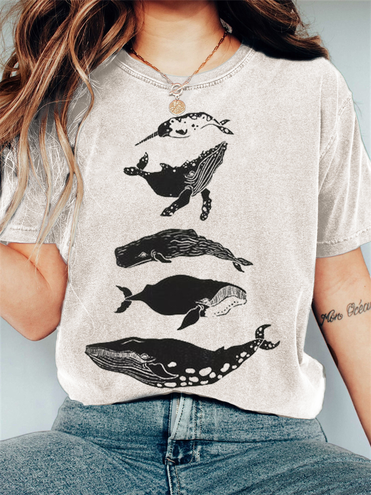 Species of Whales Japanese Lino Art Vintage T Shirt elevenforest
