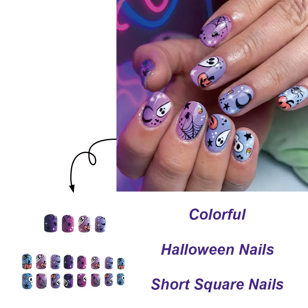 Churchf Churchf Purple Bright Oil Short Square Nail Halloween Ghost Pumpkin Spider Web Fake Nail Products Wear Nail Holiday Nail