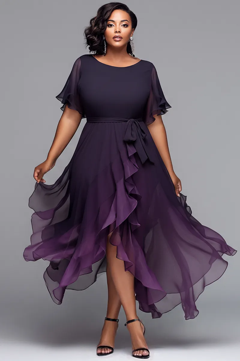 open lace back dress Women Plus Size Black & Purple Floral Printed V-Neck Crepe Flared Wrap Midi  Dress main image 1