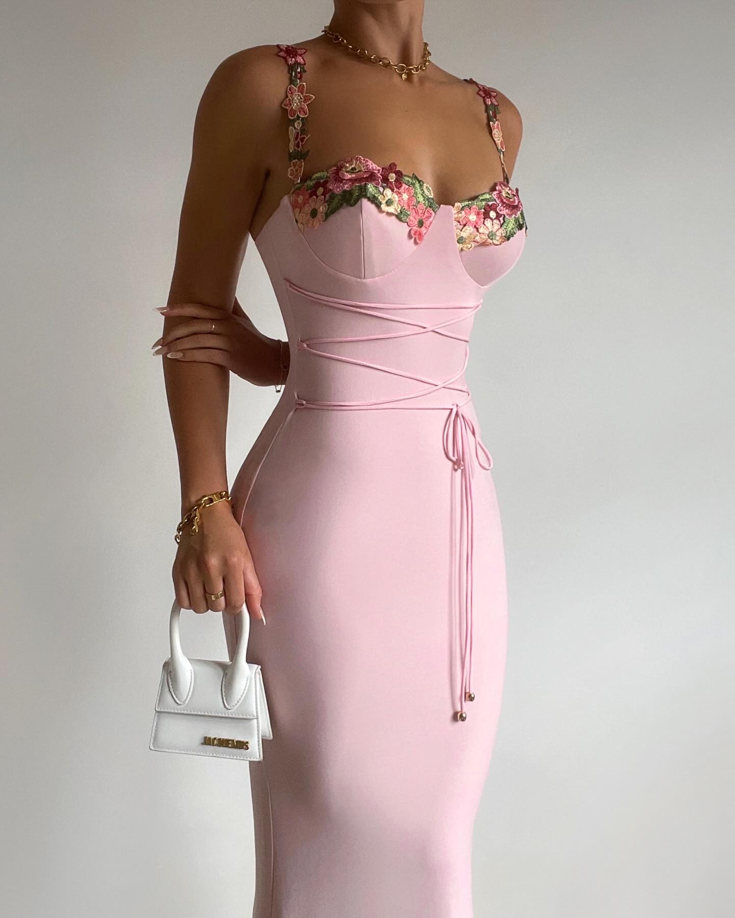 Lussooy Elegant Customizable Pink Floral Sling Sheath Wrap Applique Prom Dress 