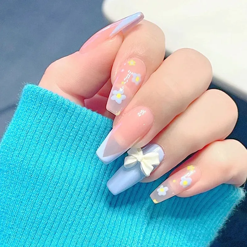 24pcs/set Press on Nail Tips Acrylic 10 Sizes Flower Design Fake Nails Art Full Cover French False Nail Art Tips Artifical Nails-Nail Inspo