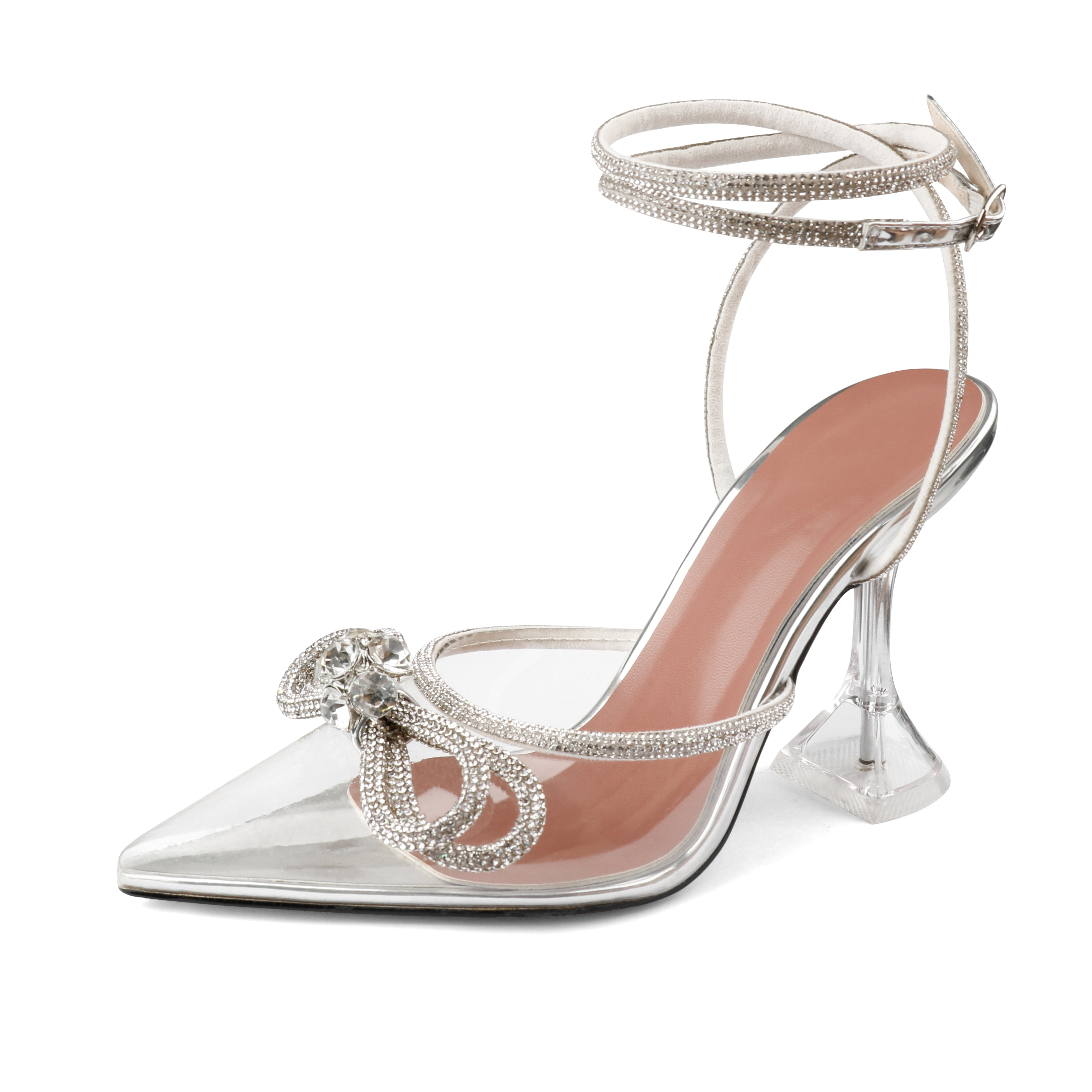 9.5cm/3.74 Double Bow Crystallized High Pums Pointed Toe Strappy Transparent Sandals Wedding Shoes