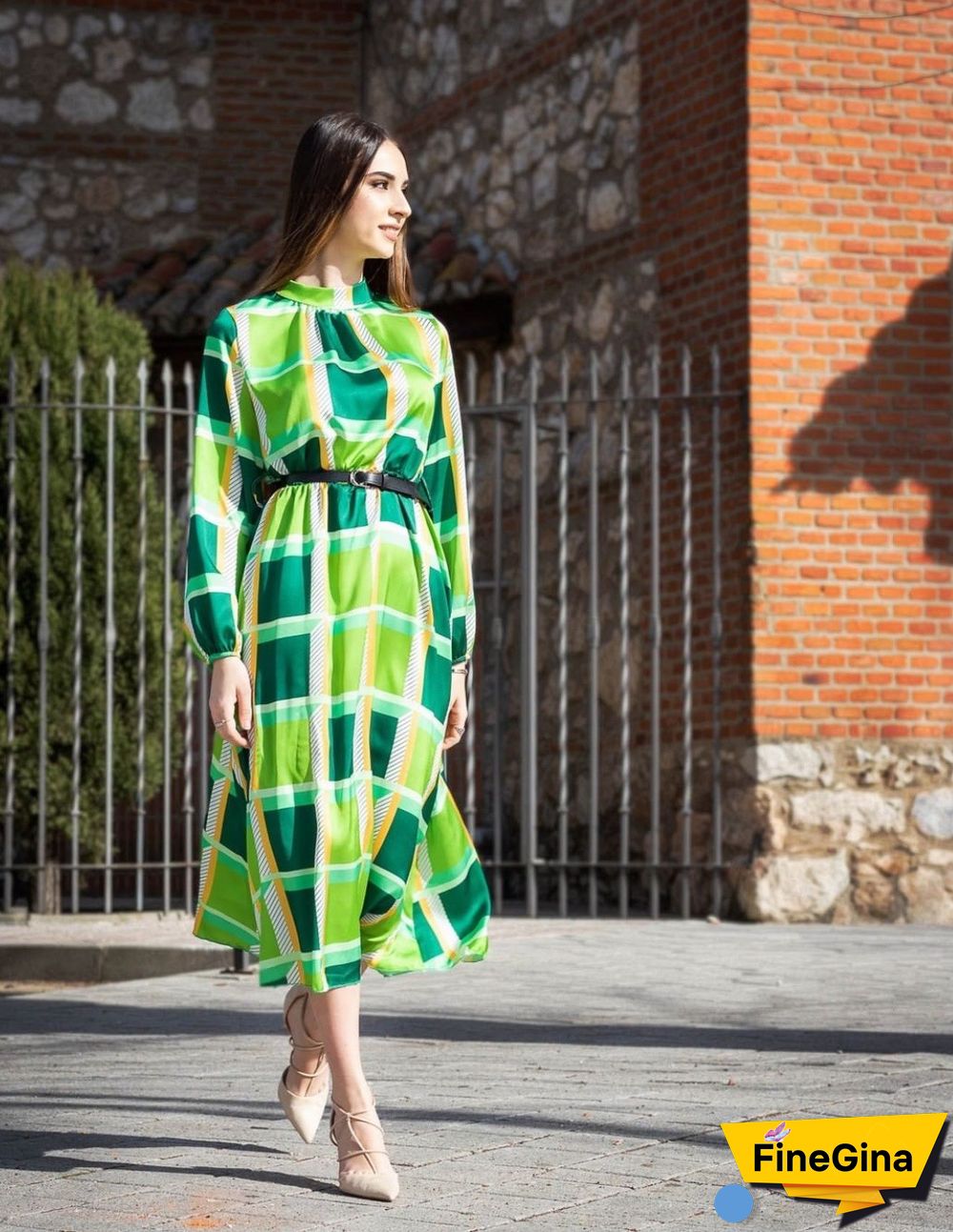 Sleeve Print Waist A-shaped Dress Plus Size Ladies Dress