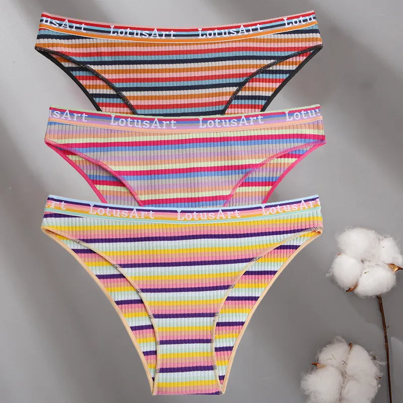 Billionm Women Cotton Colorful Stripe Panties Sexy Intimate Underwear Female Soft Solid Briefs Low Waist Underpant Soft Lingerie