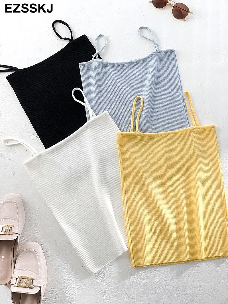 sexy basic women tank top Summer white knit tank top Women sexy knitted camisole sleeveless strip camisole