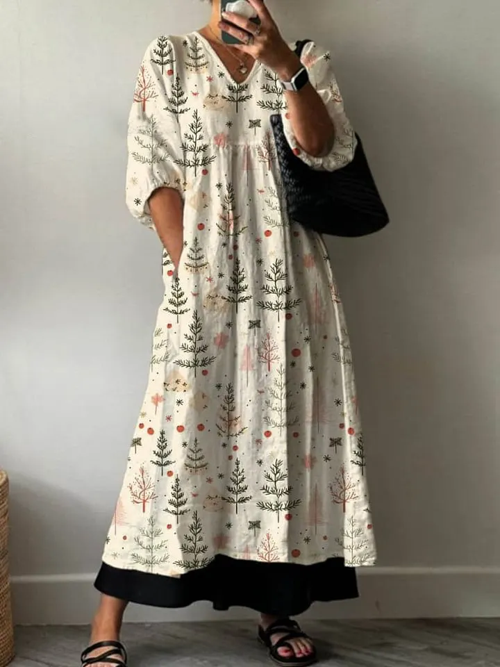 Womens Lovely Christmas Tree Art Print Pocket V-neck Cotton Dress