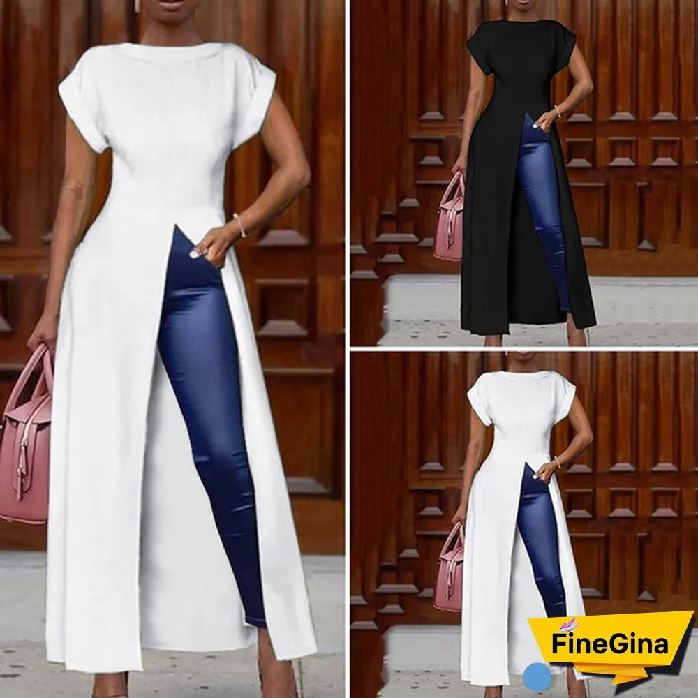 Women's Fashion Pure Short Sleeve Open Fork Blouse Irregular Swallowtail High-low Maxi Dress