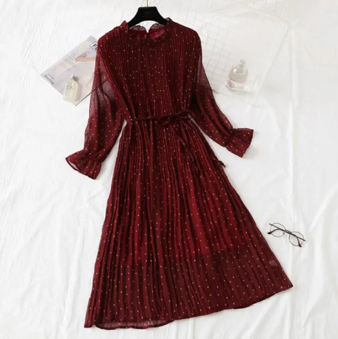 Polka Dot Print Women Chiffon Pleated Dress Sweet Flare Sleeve Party Dresses Casual Loose Lady Office Midi Dress Vestidos Mujer