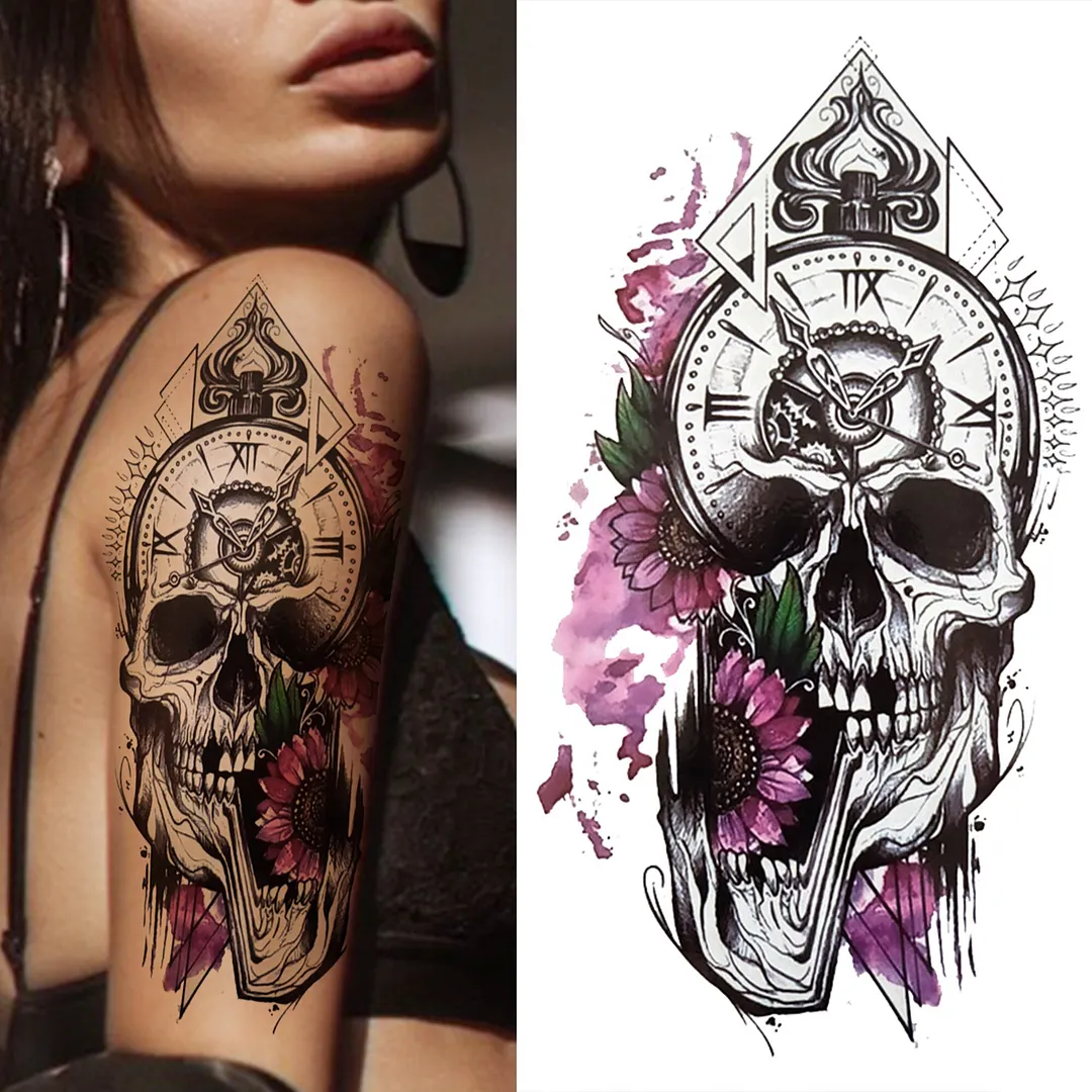Sdrawing King Crown Temporary Tattoos For Women Men Adult Black Tiger Forest Skull Tattoo Sticker Fake Skeleton Fashion Tatoo Flower