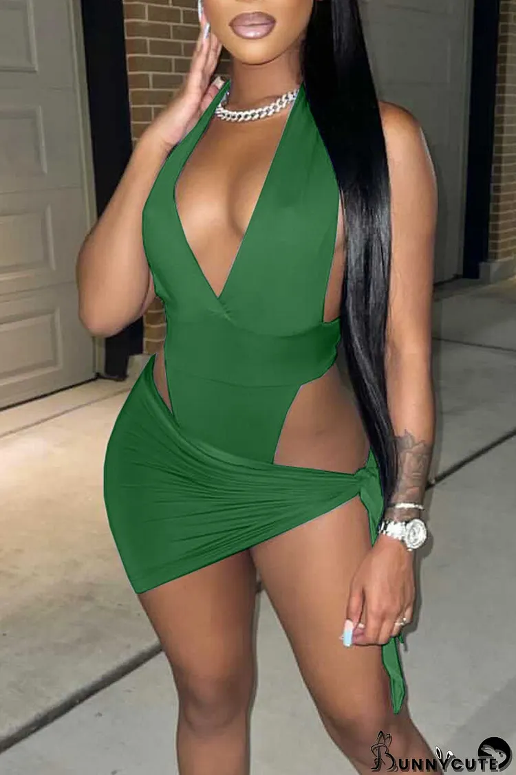 Green Sexy Solid Hollowed Out Split Joint V Neck Sleeveless Two Pieces