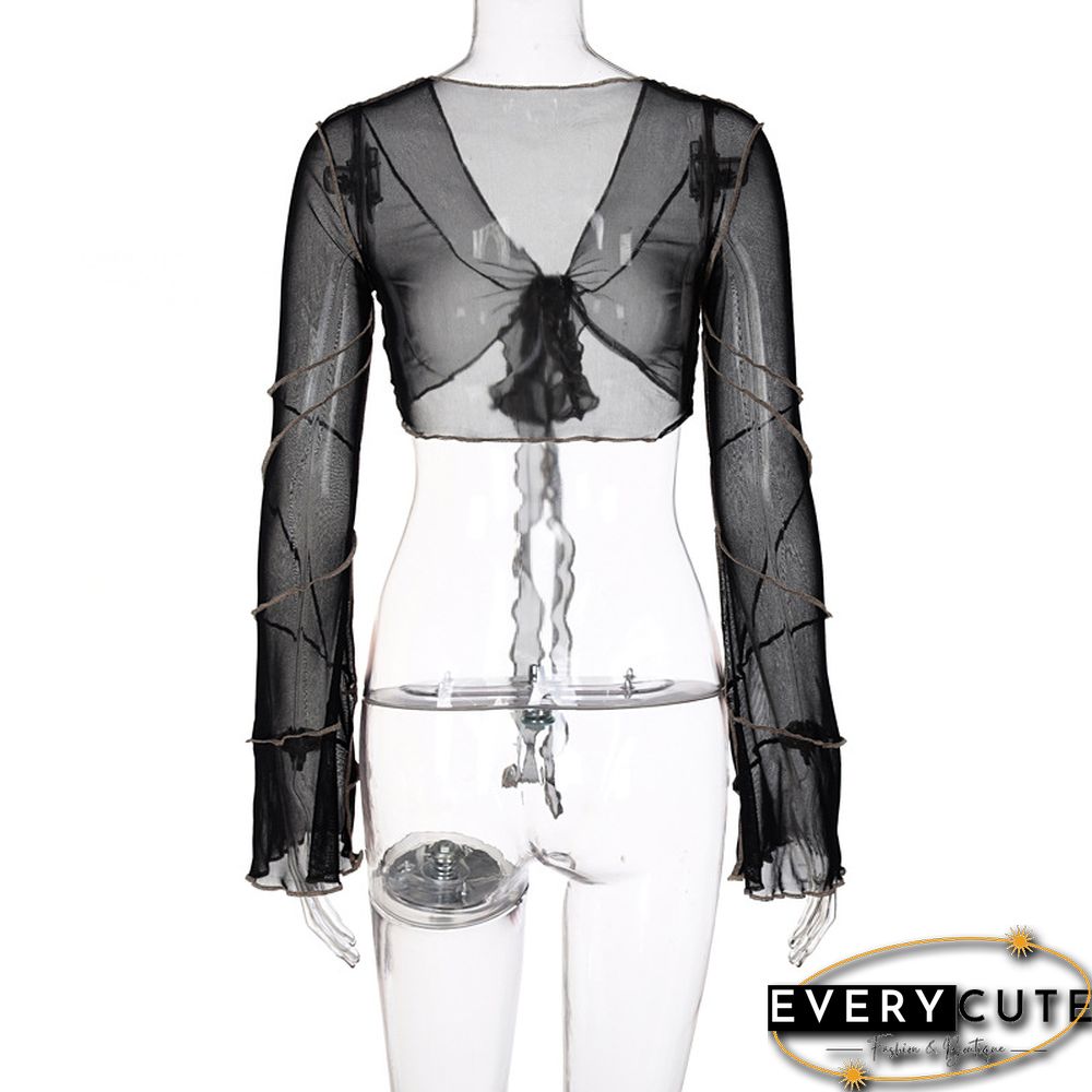 E Girl Aesthetics Bandage Black Mesh Crop Tops Y2K Deep V Neck Flare Sleeve Patchwork T Shirts Sexy Outfits Grunge Clothes