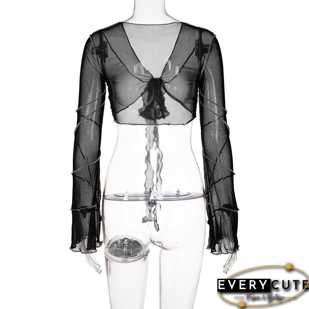 E Girl Aesthetics Bandage Black Mesh Crop Tops Y2K Deep V Neck Flare Sleeve Patchwork T Shirts Sexy Outfits Grunge Clothes