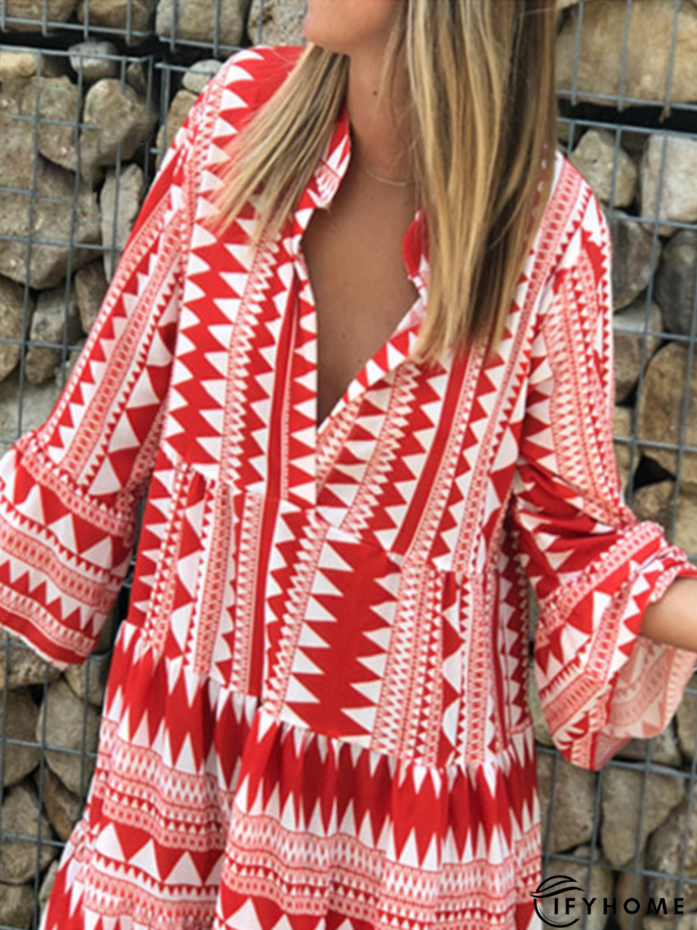 Printed 3/4 Sleeve Casual Weaving Dress | IFYHOME