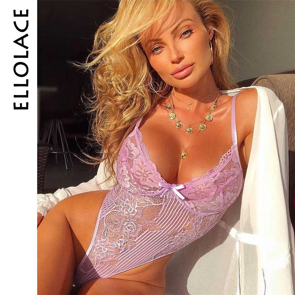 Ellolace Neon Summer 21 Colors Lace Bodysuit Women Floral Embroidery Bow Tie Transparent Sexy Bodysuit Jumpsuit Overalls Party 708