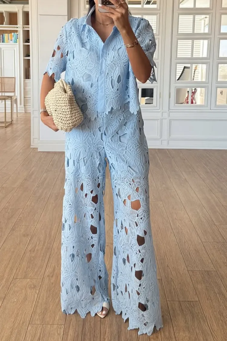 Floral Lace Shirt Wide Leg Pants Two-Piece Set