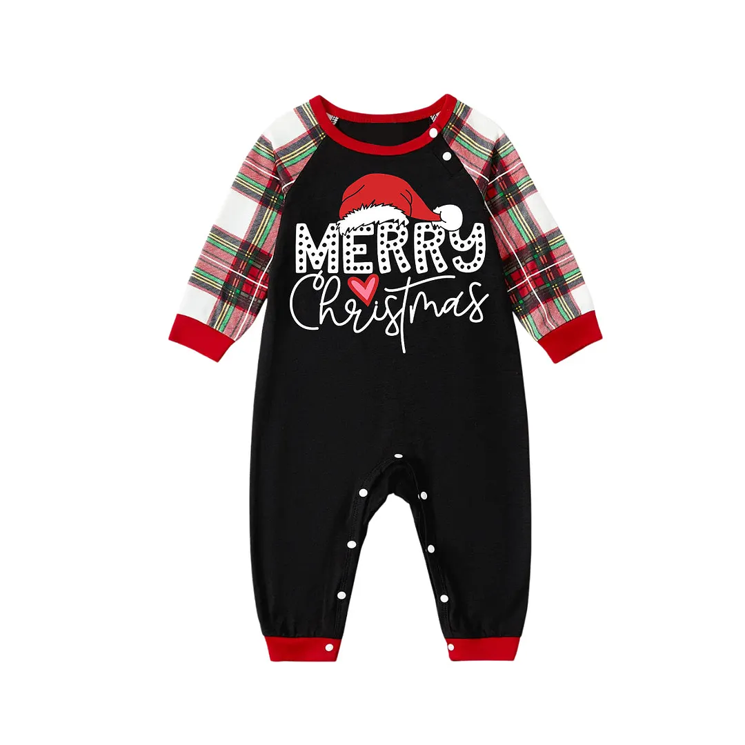 Red Santa Hat "Merry Christmas" Letter Print Black Long Sleeves Top with Green Red White Classic Plaid Pants Family Matching Pajamas