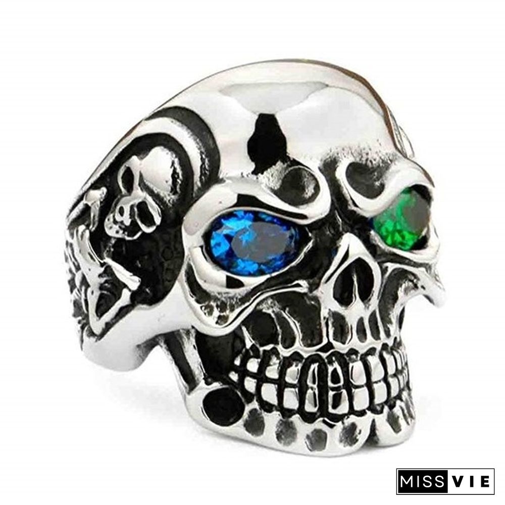 Vintage Gem Eye Skull Ring for Men Male Gothic Punk Biker Skeleton Stainless Steel Jewelry
