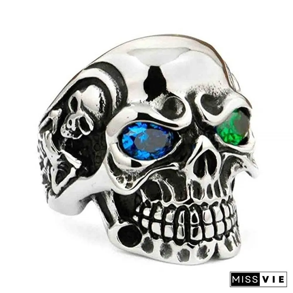 Vintage Gem Eye Skull Ring for Men Male Gothic Punk Biker Skeleton Stainless Steel Jewelry