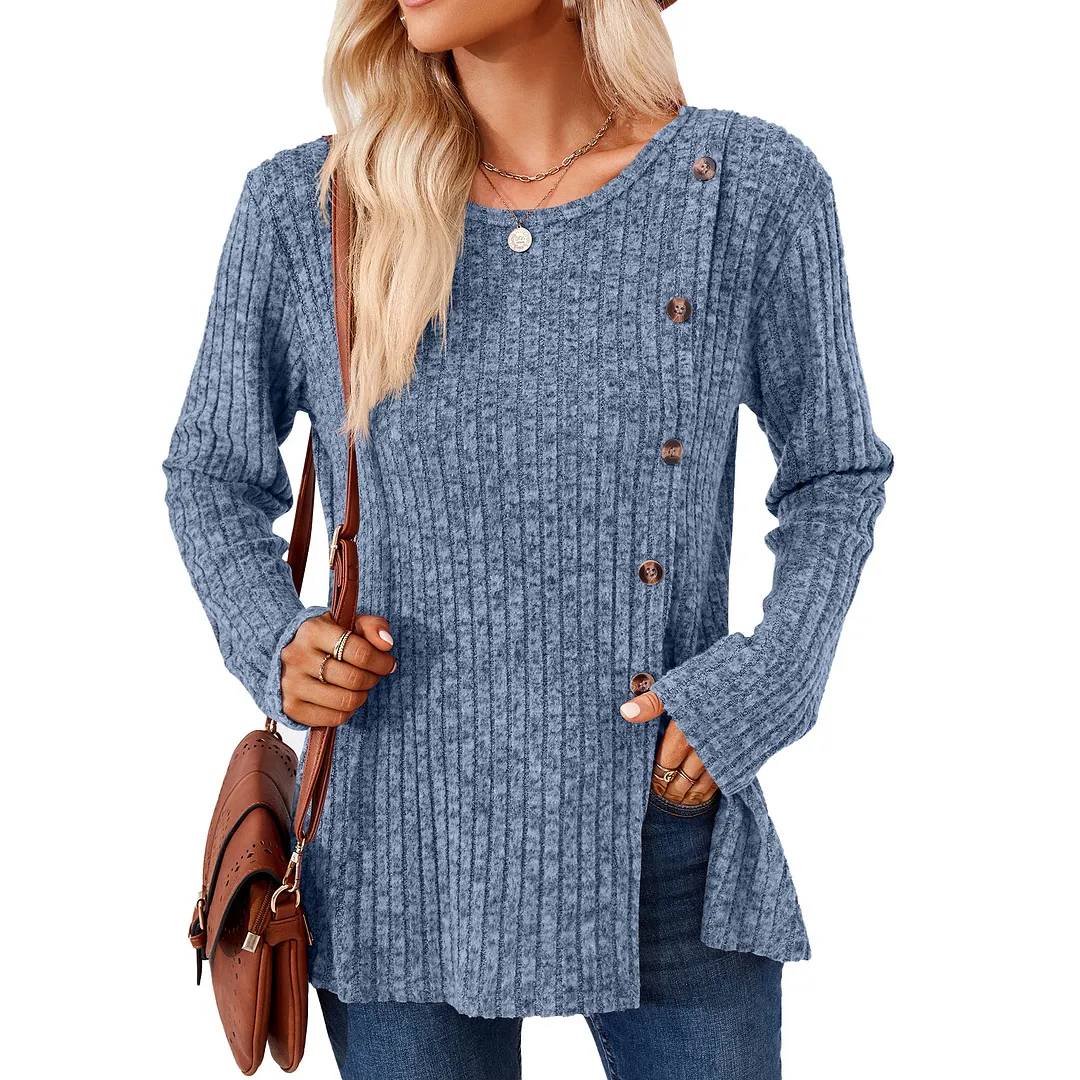 Churchf Churchf New Round Collar Solid Color Splicing Button Long Sleeve Loose T Shirt Women