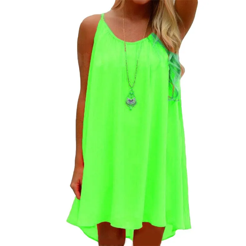 CUHAKCI Chiffon Mini Dress Women Summer Beach Sleeveless Fluorescence Female Clothing Loose