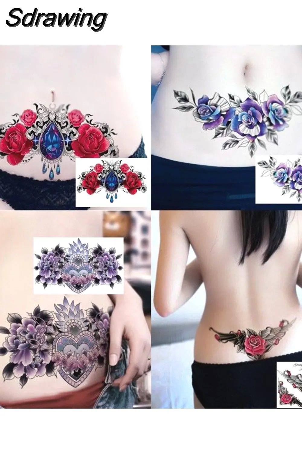 Sdrawing 4/5/9/10/18 PIeces Long Lasting Blue Flower Jewelry Tattoo Sticker Sexy Belly Block Scar Stretch Marks Waterproof Tattoo Sticker 715-1
