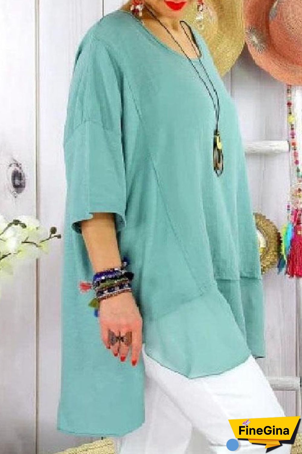 Fashion Street Solid Split Joint O Neck Plus Size Tops
