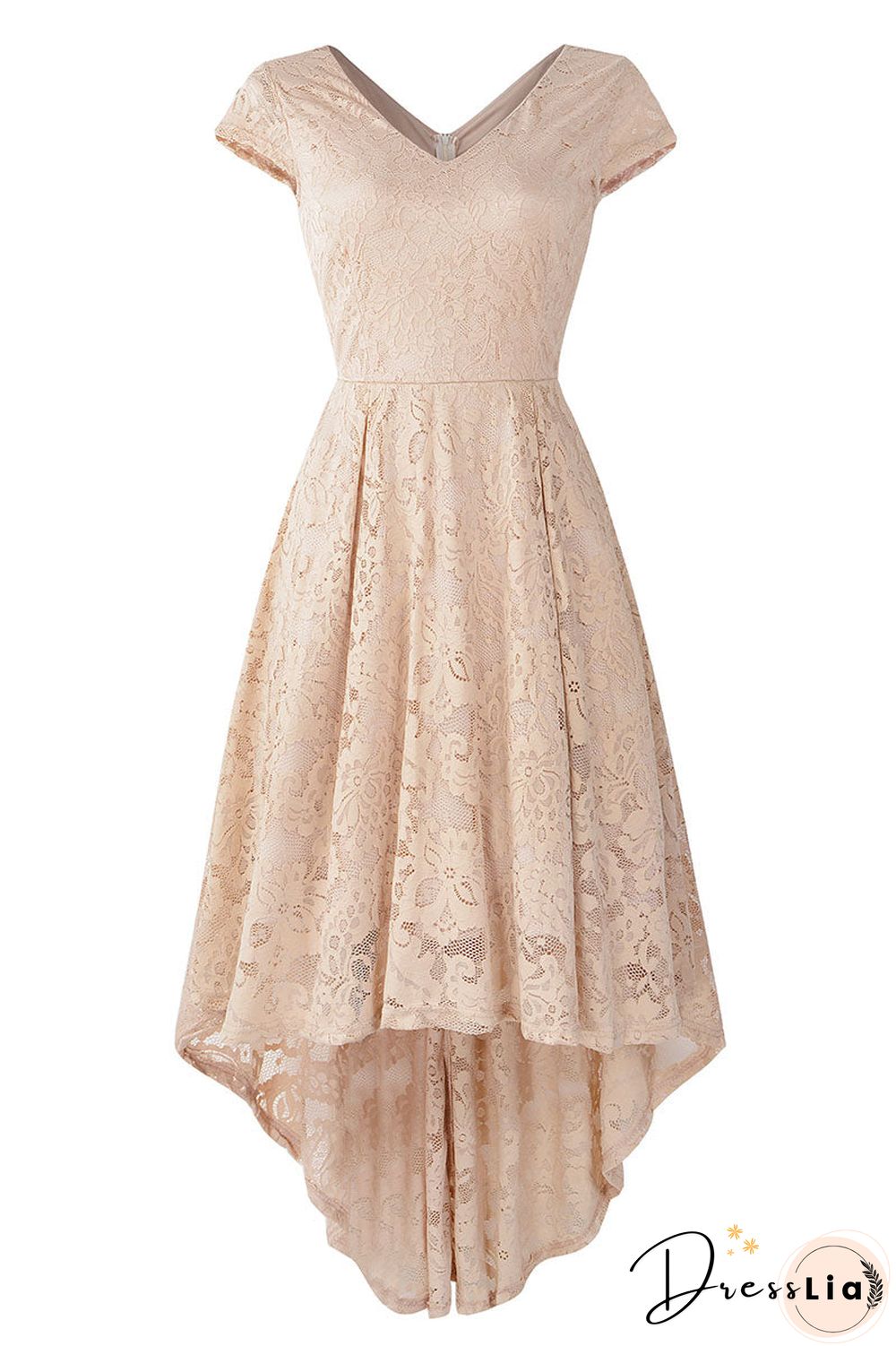 Champagne V Neck Cap Sleeve Lace Prom Dress